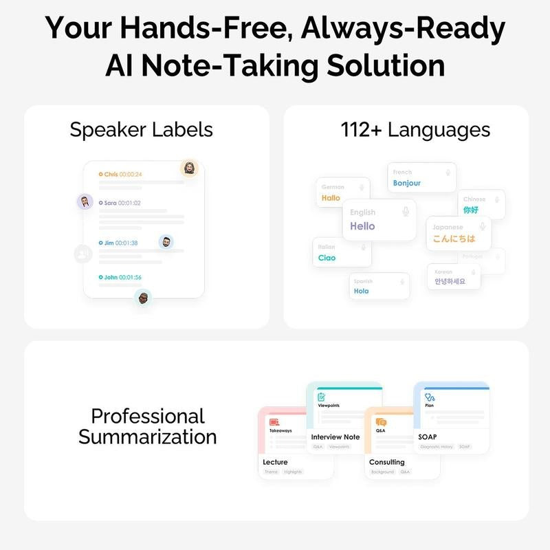Alisanda  Voice Recorder, Notetaker, Transcribe & Summarize, Support 112 Languages, Audio Recorder for Lectures, Meetings Black
