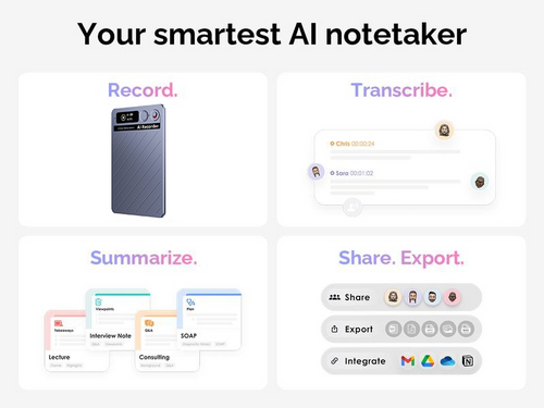 Alisanda  Voice Recorder, Notetaker, Transcribe & Summarize, Support 112 Languages, Audio Recorder for Lectures, Meetings Black
